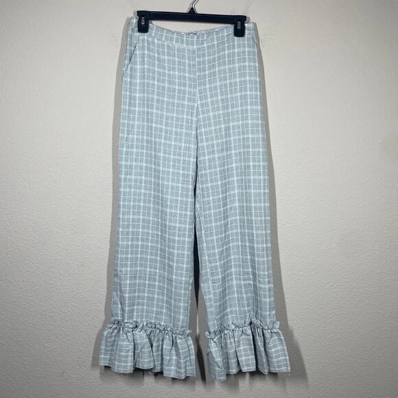 L'atiste by Amy Medium Cropped Ruffle Frill Hem Pants Fray Plaid Pull On Blue - Picture 2 of 9